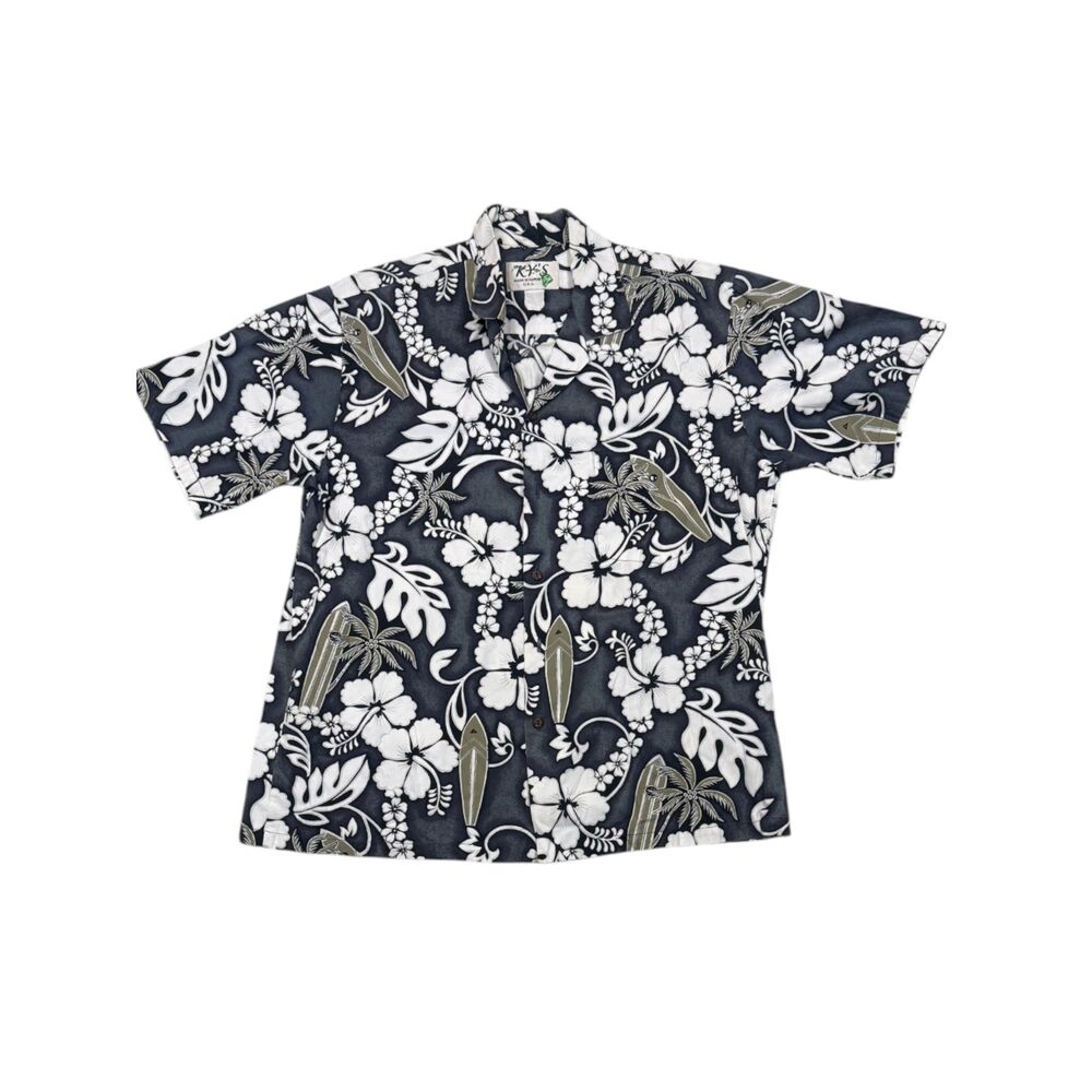 KY’S Hawaiian Shirt Mens Black Hibiscus Surfboard Aloha Made in Hawaii USA